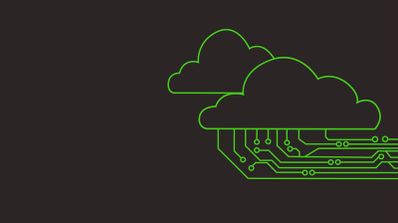 Ilustración de dos nubes lineales verdes conectadas a pistas de un circuito integrado sobre fondo oscuro.