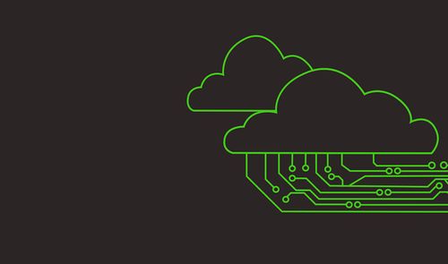 Ilustración de dos nubes lineales verdes conectadas a pistas de un circuito integrado sobre fondo oscuro.