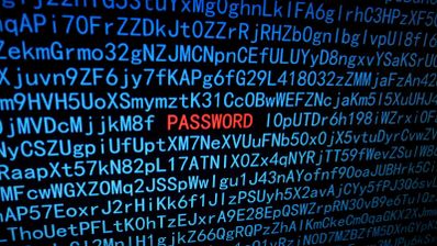 Sucesión de caracteres alfanuméricos en color azul con la palabra PASSWORD resaltada en rojo sobre un fondo oscuro.