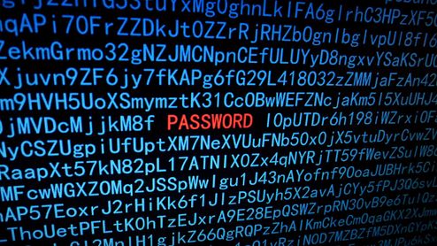 Sucesión de caracteres alfanuméricos en color azul con la palabra PASSWORD resaltada en rojo sobre un fondo oscuro.
