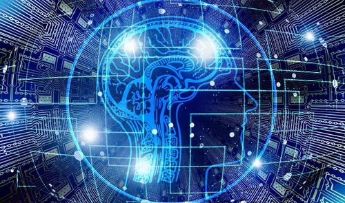 Ilustración conceptual de inteligencia artificial con un cerebro humano digital sobre un fondo de circuitos electrónicos y conexiones de datos en color azul.