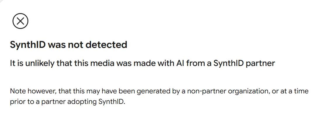 Mensaje de la herramienta SynthID indicando que no se ha detectado su marca de agua en un archivo multimedia.