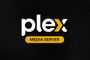 Logotipo de Plex Media Server sobre fondo negro con textura ondulada.