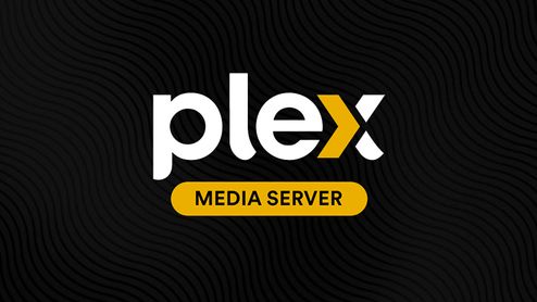 Logotipo de Plex Media Server sobre fondo negro con textura ondulada.