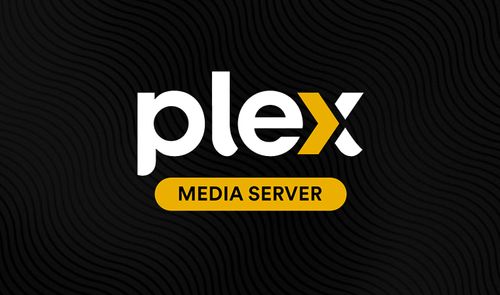 Logotipo de Plex Media Server sobre fondo negro con textura ondulada.