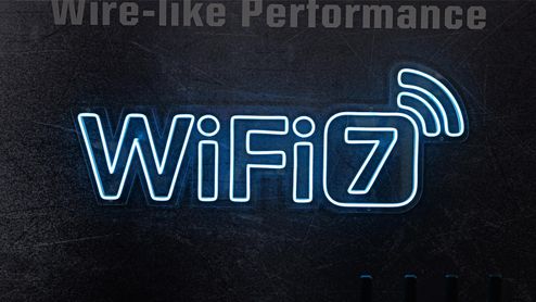 Logotipo de WiFi 7 con iluminación de neón azul sobre una superficie metálica oscura texturizada.