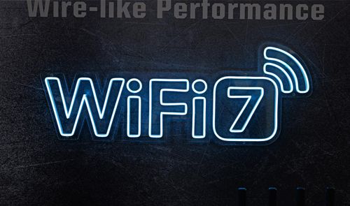 Logotipo de WiFi 7 con iluminación de neón azul sobre una superficie metálica oscura texturizada.