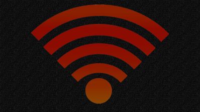 Icono de señal Wi-Fi en color rojo sobre un fondo oscuro con textura granulada.