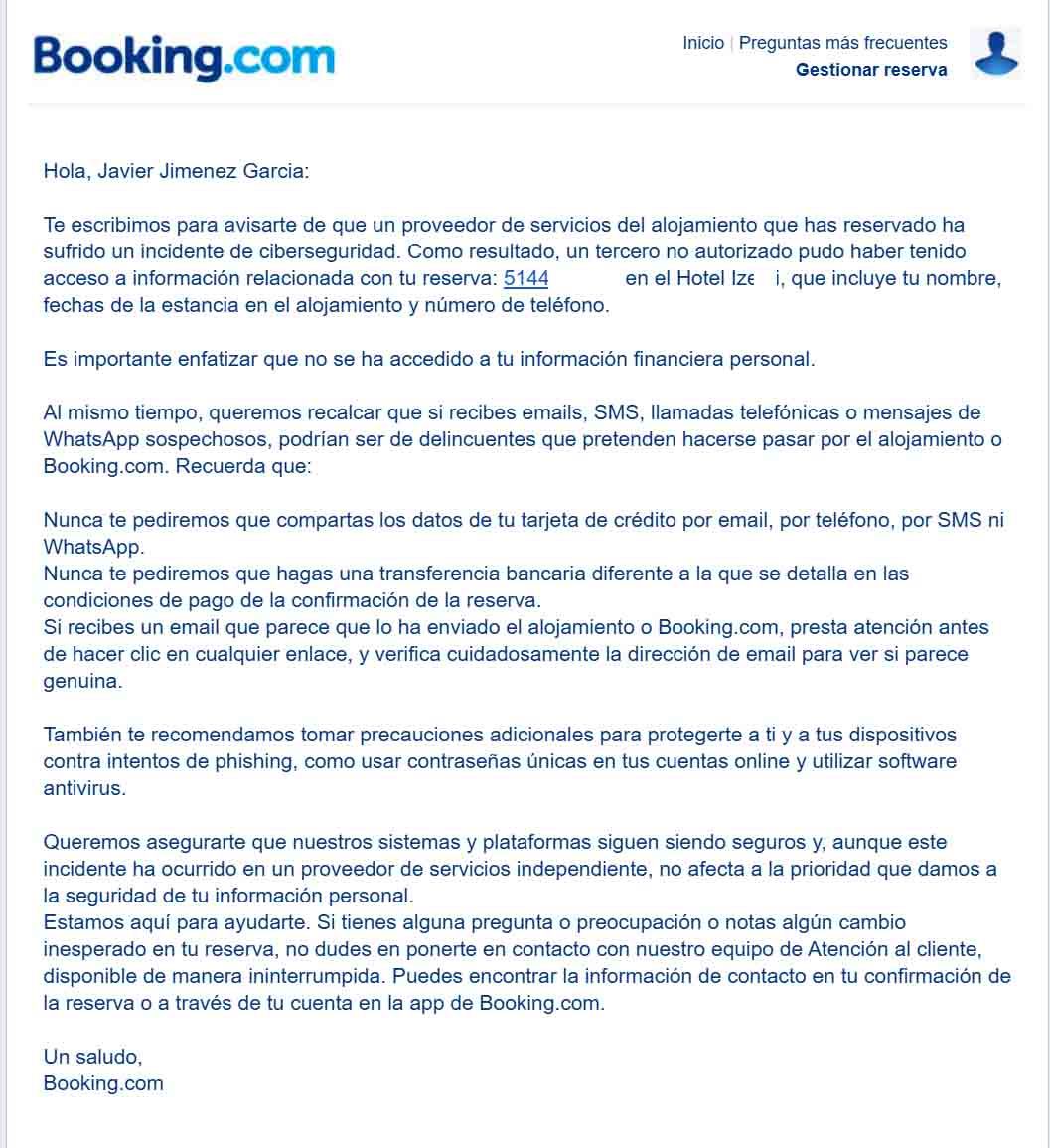 Captura de pantalla de un correo electrónico de aviso de seguridad sobre un incidente de ciberseguridad en una reserva.