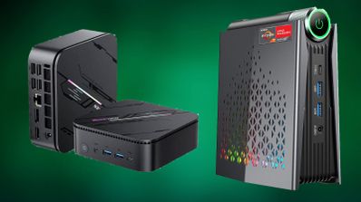 Tres mini ordenadores de diferentes formatos sobre fondo verde, mostrando sus puertos frontales y traseros.