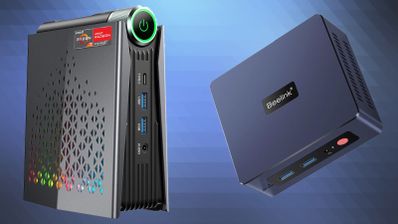 Dos modelos distintos de mini PC, uno con chasis vertical e iluminación RGB y otro de la marca Beelink en formato compacto horizontal.