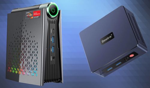 Dos modelos distintos de mini PC, uno con chasis vertical e iluminación RGB y otro de la marca Beelink en formato compacto horizontal.