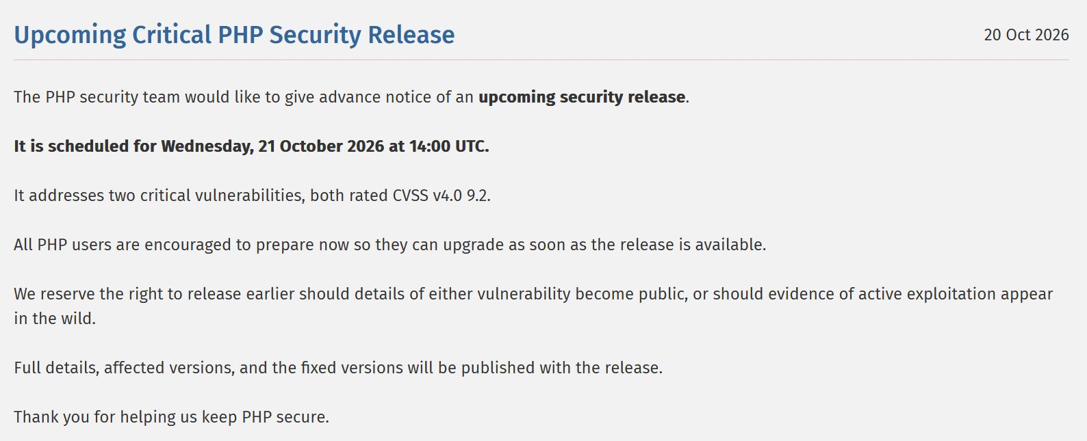 Aviso oficial del equipo de seguridad de PHP sobre el lanzamiento de una actualización crítica para corregir dos vulnerabilidades.