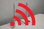 Símbolo de señal Wi-Fi en rojo superpuesto sobre un router blanco con dos antenas.