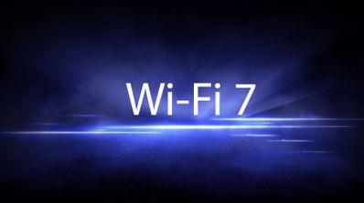 Texto Wi-Fi 7 sobre un fondo abstracto de luces azules y destellos horizontales.