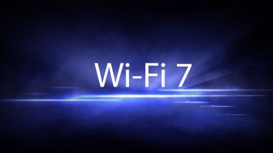 Texto Wi-Fi 7 sobre un fondo abstracto de luces azules y destellos horizontales.