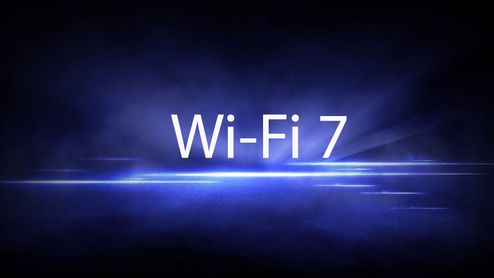 Texto Wi-Fi 7 sobre un fondo abstracto de luces azules y destellos horizontales.