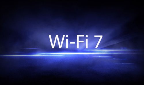 Texto Wi-Fi 7 sobre un fondo abstracto de luces azules y destellos horizontales.