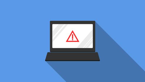 Ilustración de un ordenador portátil con un símbolo de advertencia rojo en la pantalla sobre fondo azul.