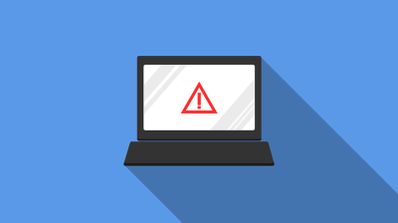 Ilustración de un ordenador portátil con un símbolo de advertencia rojo en la pantalla sobre fondo azul.