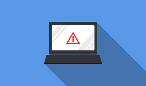 Ilustración de un ordenador portátil con un símbolo de advertencia rojo en la pantalla sobre fondo azul.