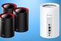 Comparativa visual entre tres nodos negros y rojos de un sistema mesh D-Link y un router mesh blanco de TP-Link.