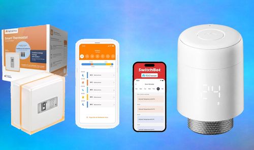 Varios modelos de termostatos inteligentes y sus aplicaciones móviles de control sobre fondo azul.