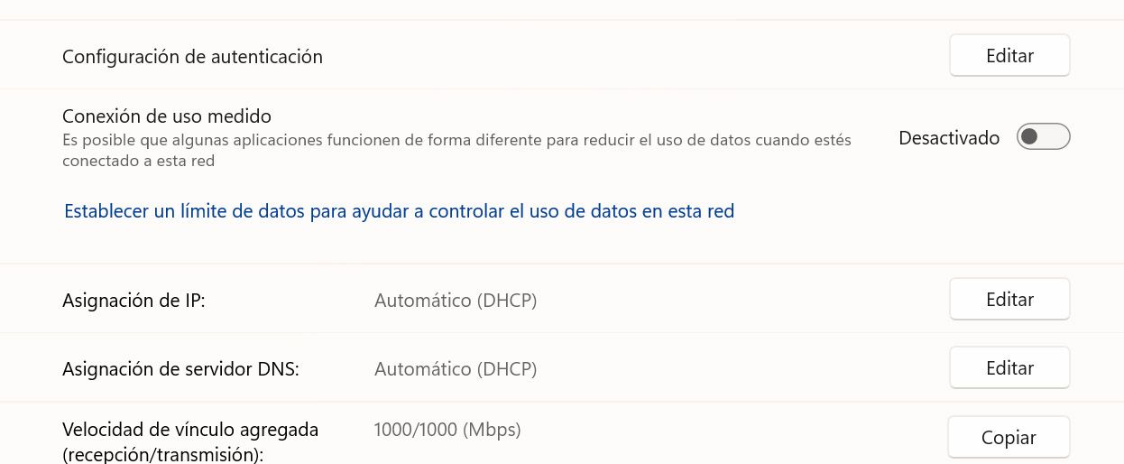 Panel de configuración de red en Windows mostrando la velocidad de vínculo de 1000 Mbps.