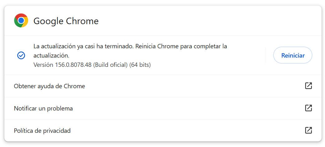 Panel de información de Google Chrome mostrando la versión 156.0.8078.48 y un aviso para reiniciar el navegador.