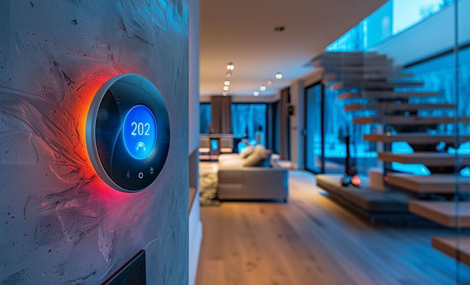 Termostato inteligente circular con pantalla digital instalado en la pared de un salón moderno.