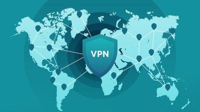 Mapa del mundo con un escudo central con las siglas VPN y puntos de ubicación conectados por líneas.