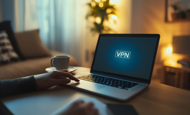 Ordenador portátil sobre una mesa de madera con las siglas VPN en el centro de la pantalla.