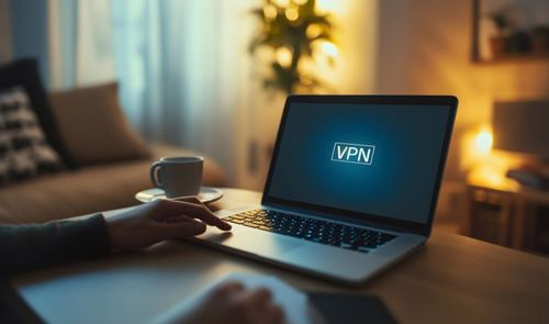 Ordenador portátil sobre una mesa de madera con las siglas VPN en el centro de la pantalla.