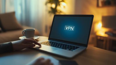 Ordenador portátil sobre una mesa de madera con las siglas VPN en el centro de la pantalla.