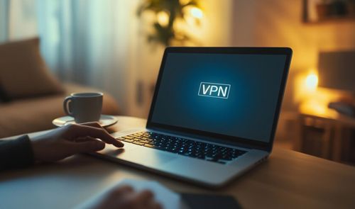 Ordenador portátil sobre una mesa de madera con las siglas VPN en el centro de la pantalla.