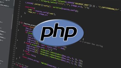 Logotipo de PHP superpuesto sobre un fondo de código fuente en un editor de texto.