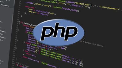Logotipo de PHP superpuesto sobre un fondo de código fuente en un editor de texto.