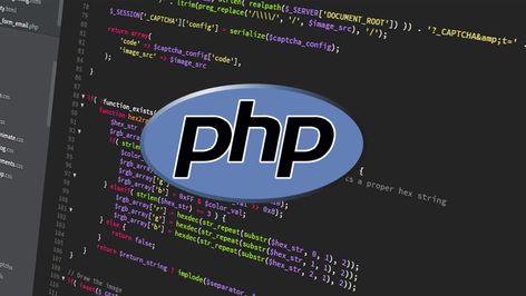 Logotipo de PHP superpuesto sobre un fondo de código fuente en un editor de texto.