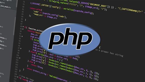 Logotipo de PHP superpuesto sobre un fondo de código fuente en un editor de texto.