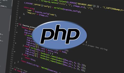 Logotipo de PHP superpuesto sobre un fondo de código fuente en un editor de texto.