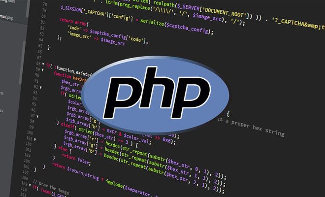 Logotipo de PHP superpuesto sobre un fondo de código fuente en un editor de texto.