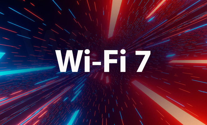 Texto Wi-Fi 7 sobre un fondo abstracto de líneas de luz rojas y azules en movimiento.