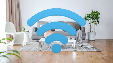 Icono de señal inalámbrica sobreimpreso en el salón de una casa.