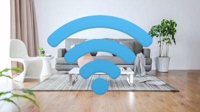 Icono de señal inalámbrica sobreimpreso en el salón de una casa.