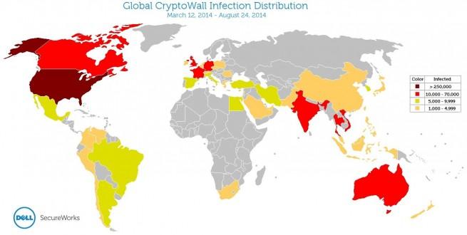 CryptoWall mapa de infección por países