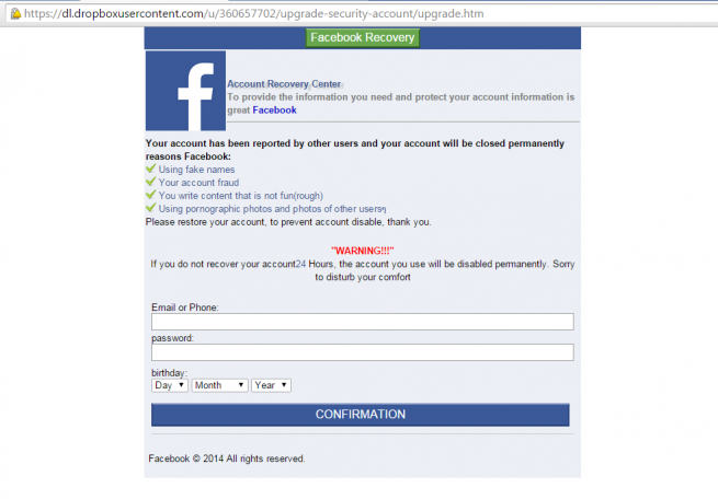 facebook página falsa alojada en Dropbox
