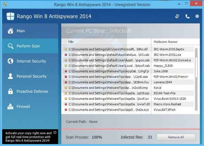 Rango Win 8 Antispyware virus camuflado en herramienta de seguridad