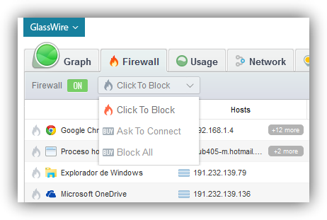Comportamiento del Firewall de GlassWire