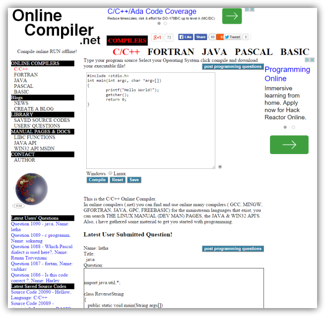 Web principal de Online Compiler
