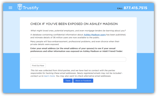 Trustify permite comprobar si nuestros datos están en la base de datos de Ashley Madison
